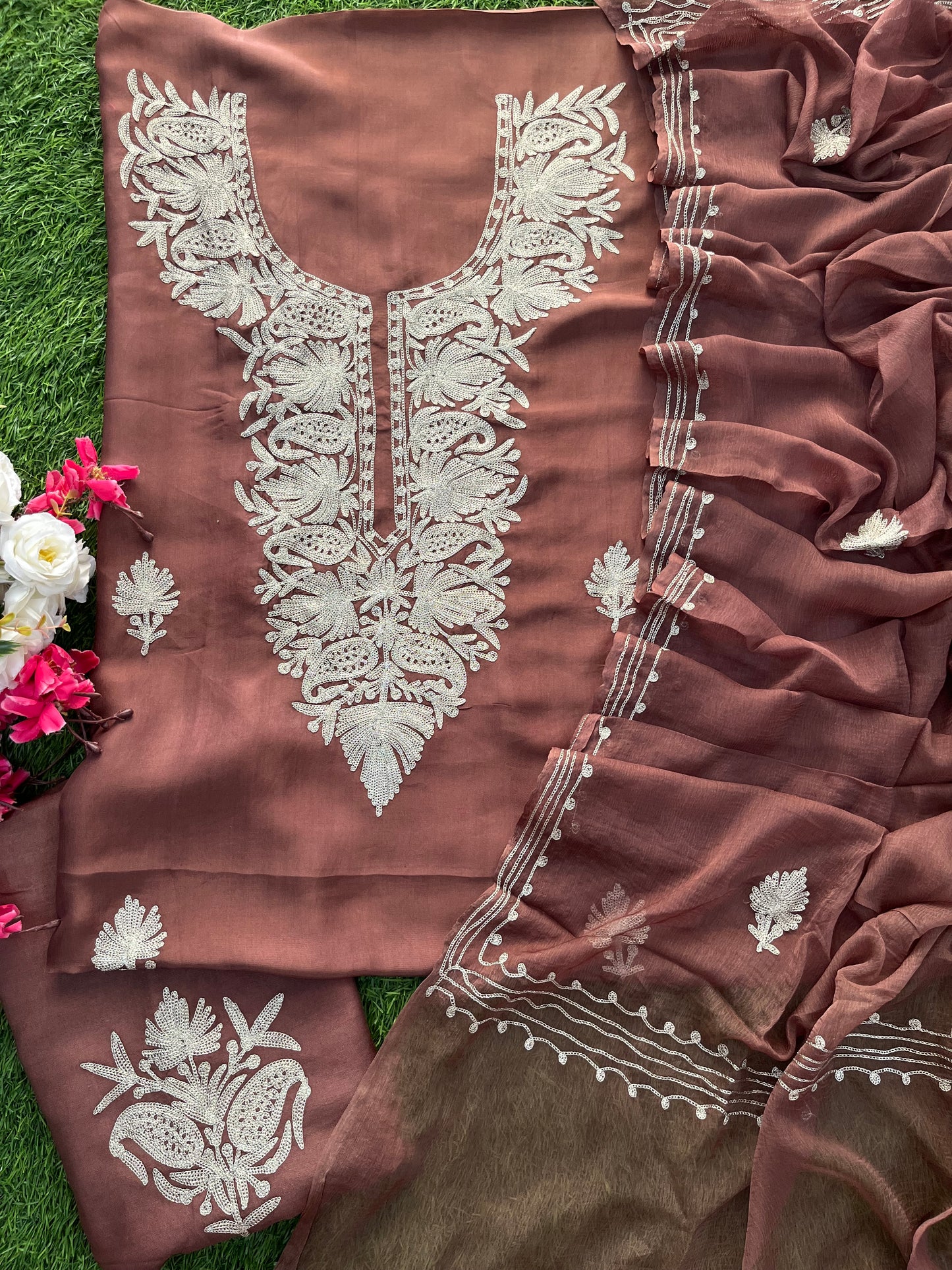 Coffee Brown Silk Tilla Kashmiri Suit