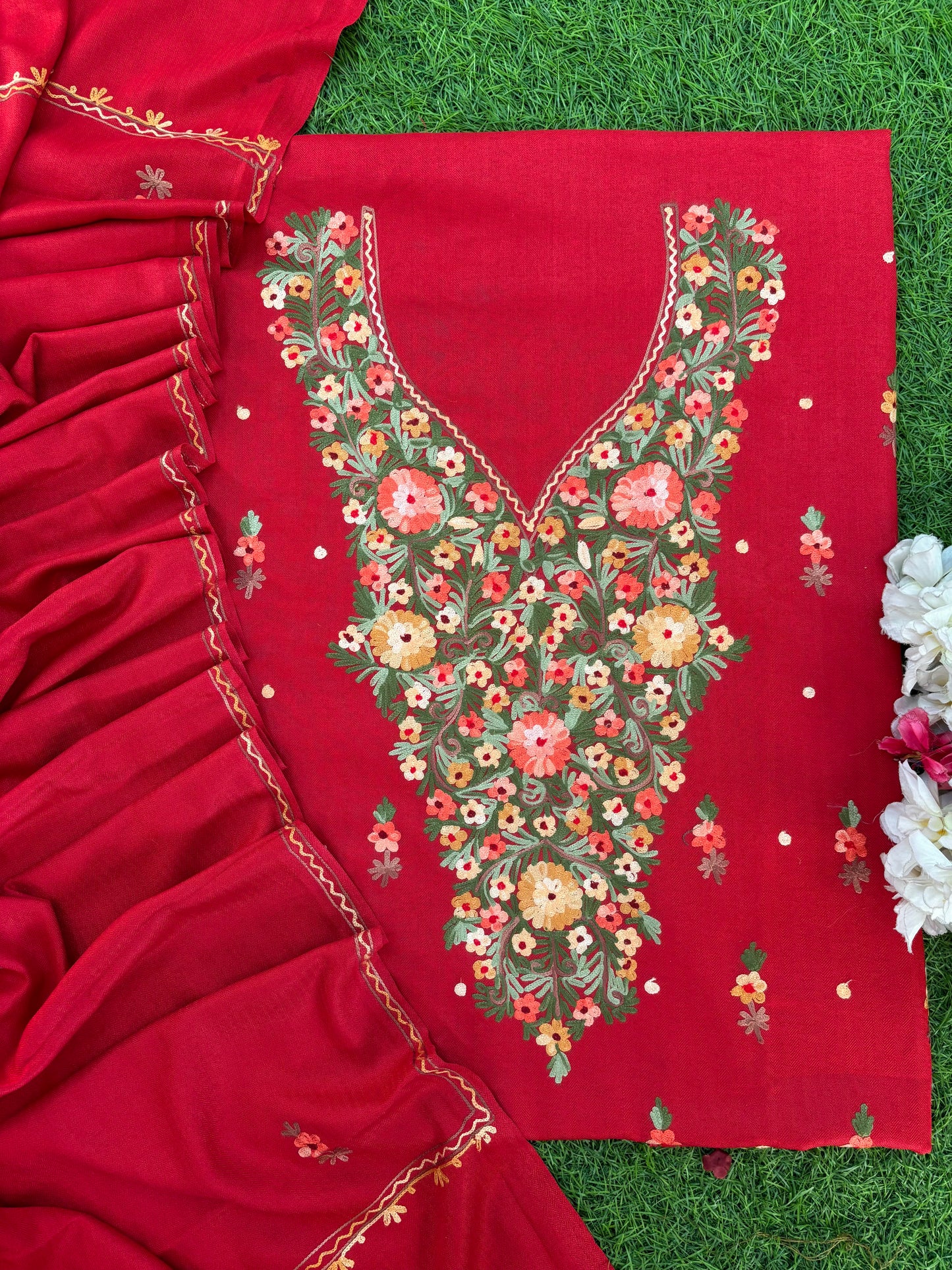 Red Woollen Aari Embroidered 3pc suit