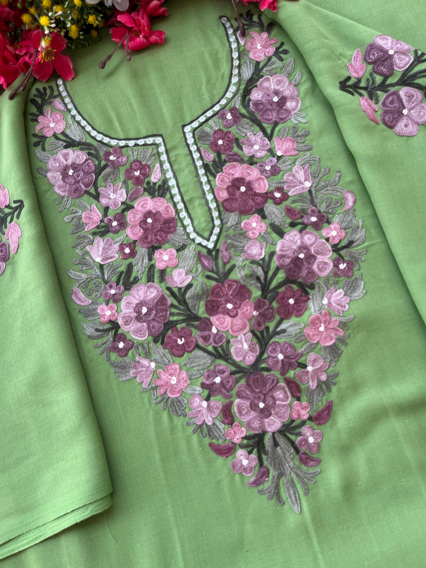Pastel Green Aari Embroidered Cotton Suit Set