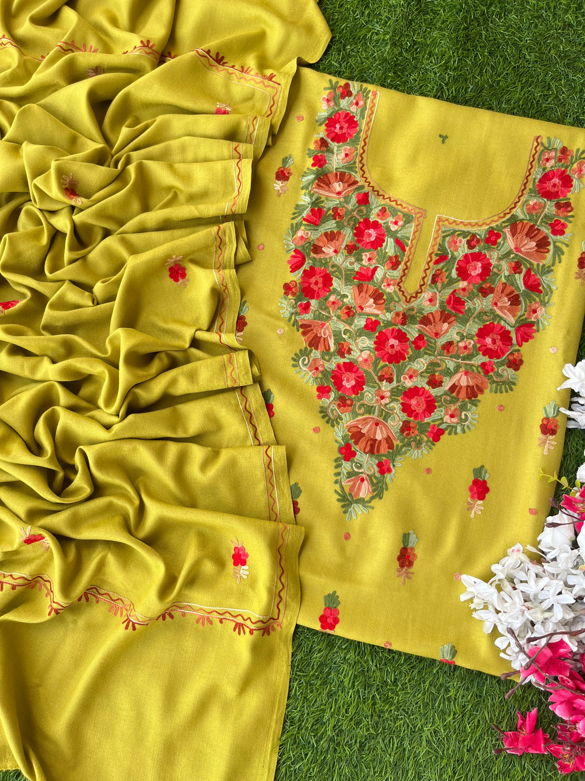 Lemon Green Woollen Aari Embroidered 3pc suit