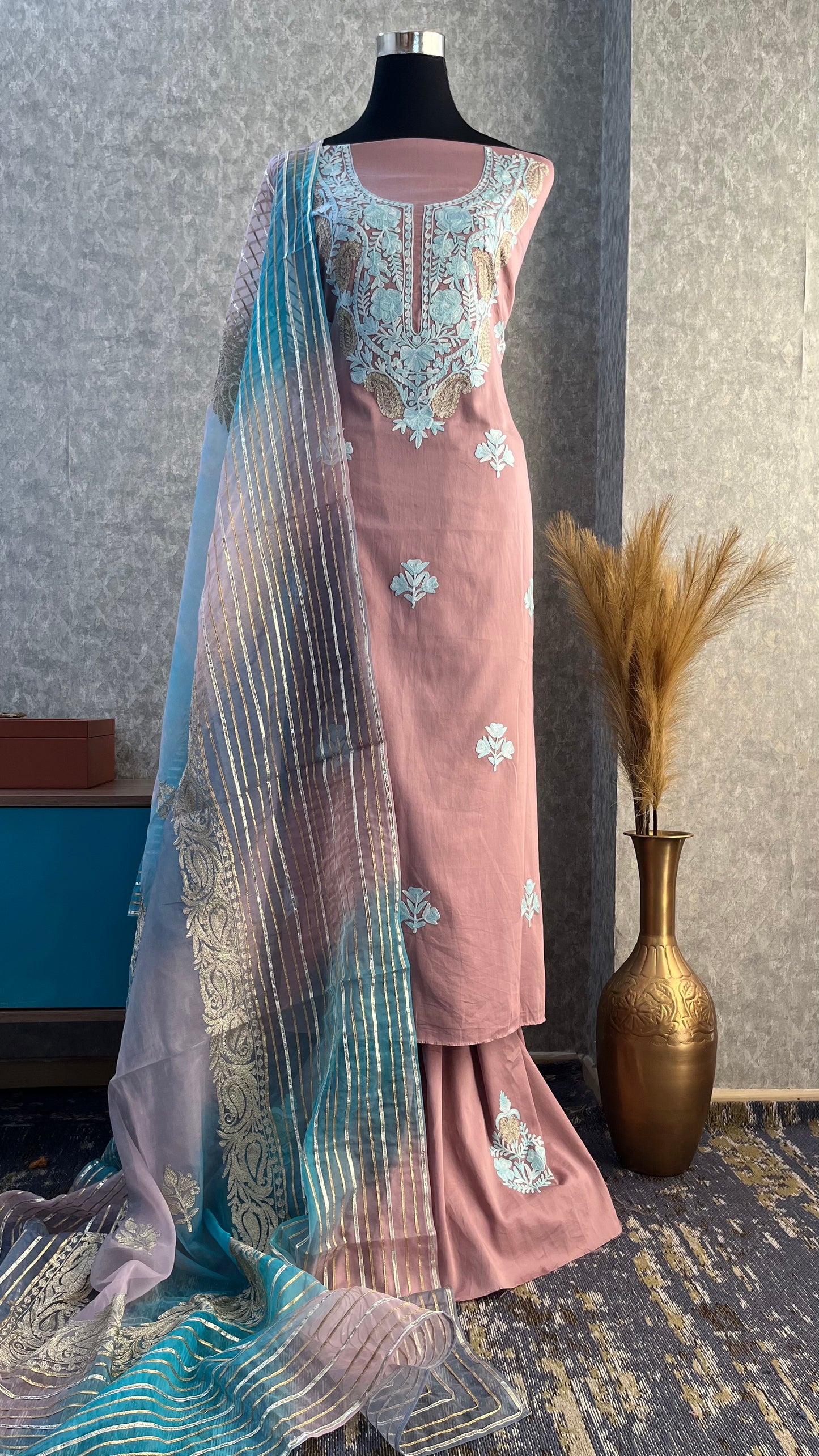 Onion Pink Satin Cotton Kashmiri Suit