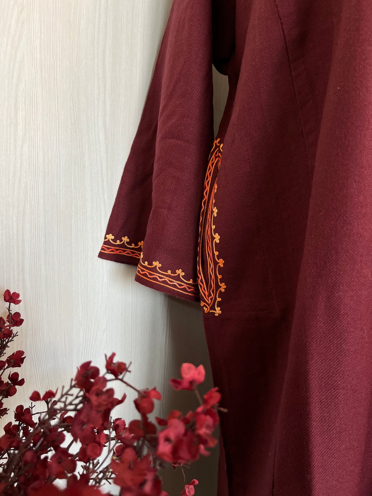 Reddish Brown Aari Embroidered Wool Pheran