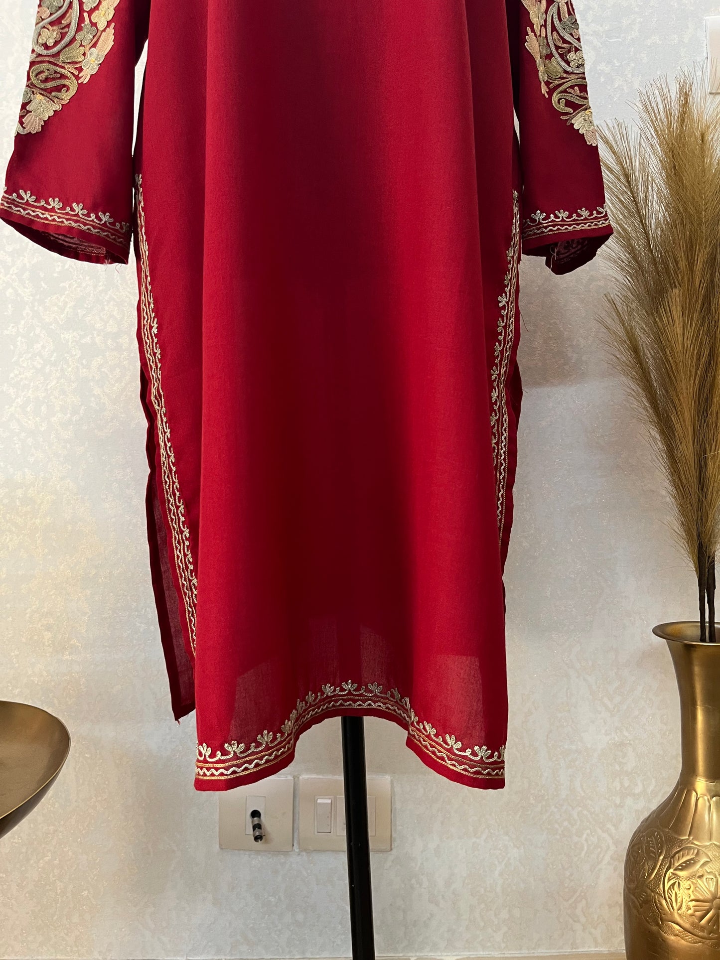 Maroon Cotton Aari Work Kurta