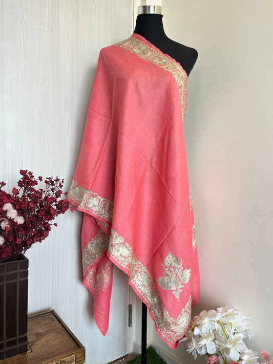 Candy Pink Fine Semi Pashmina Tilla Embroidered stole