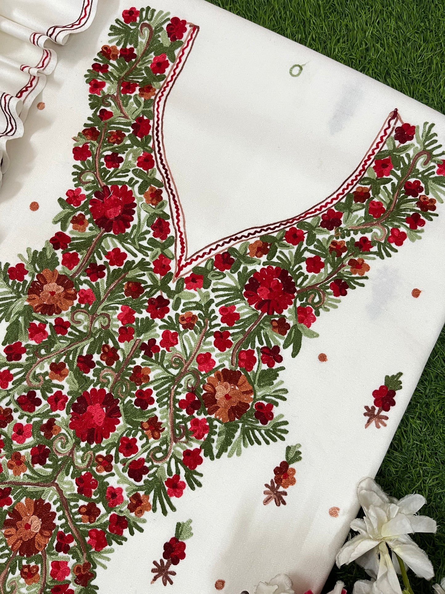 Off White Woollen Aari Embroidered 3pc suit
