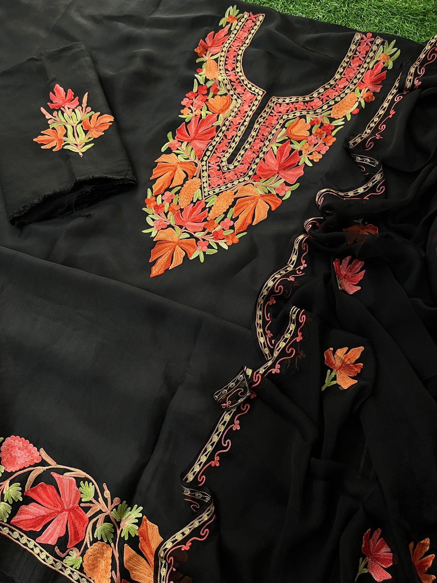 Black Opada Silk Aari Embroidered Suit material