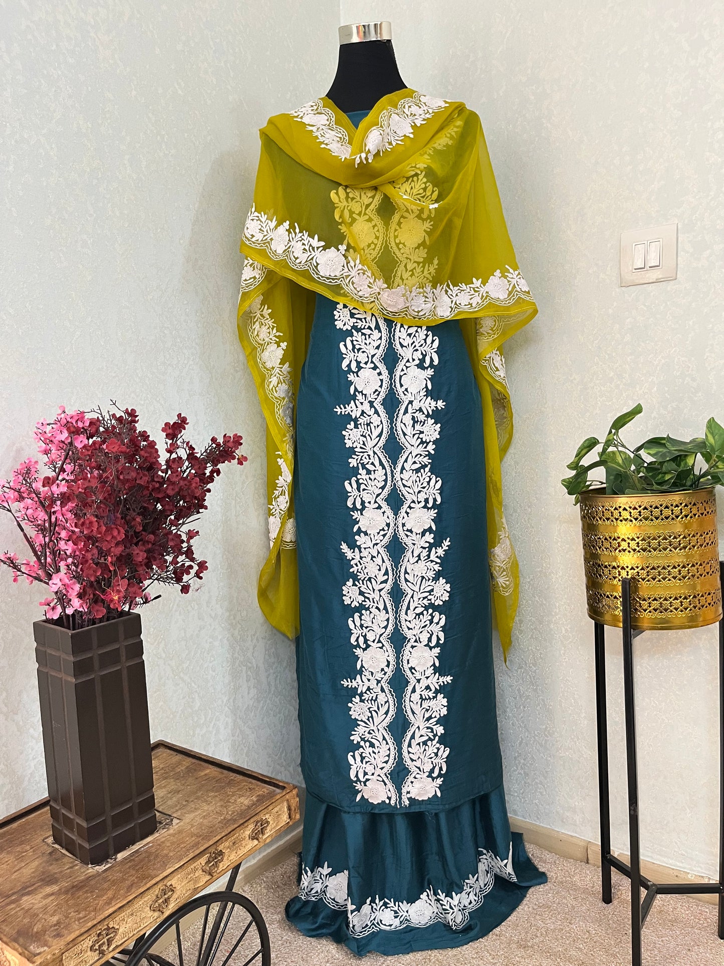 Teal Blue Chanderi Silk Kashmiri Suit