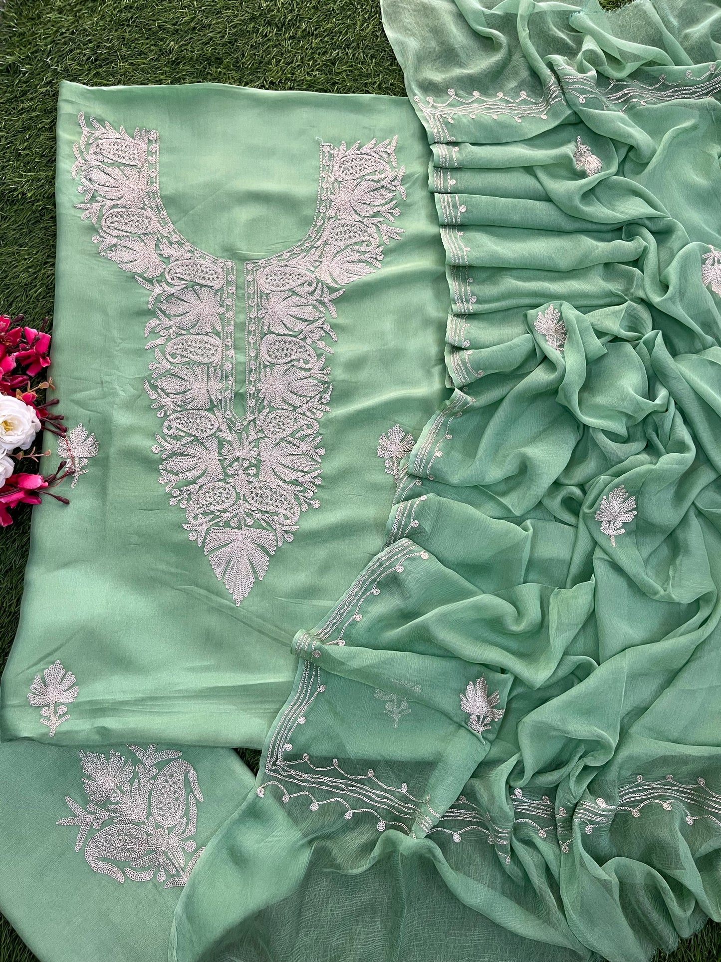 Pestel Green Silk Tilla Kashmiri Suit