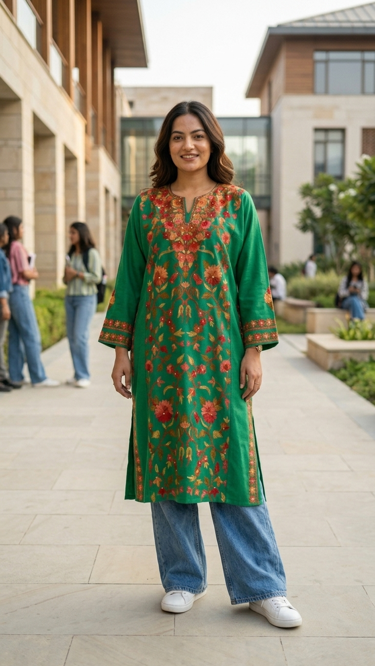 Green Aari Embroidered Wool Pheran