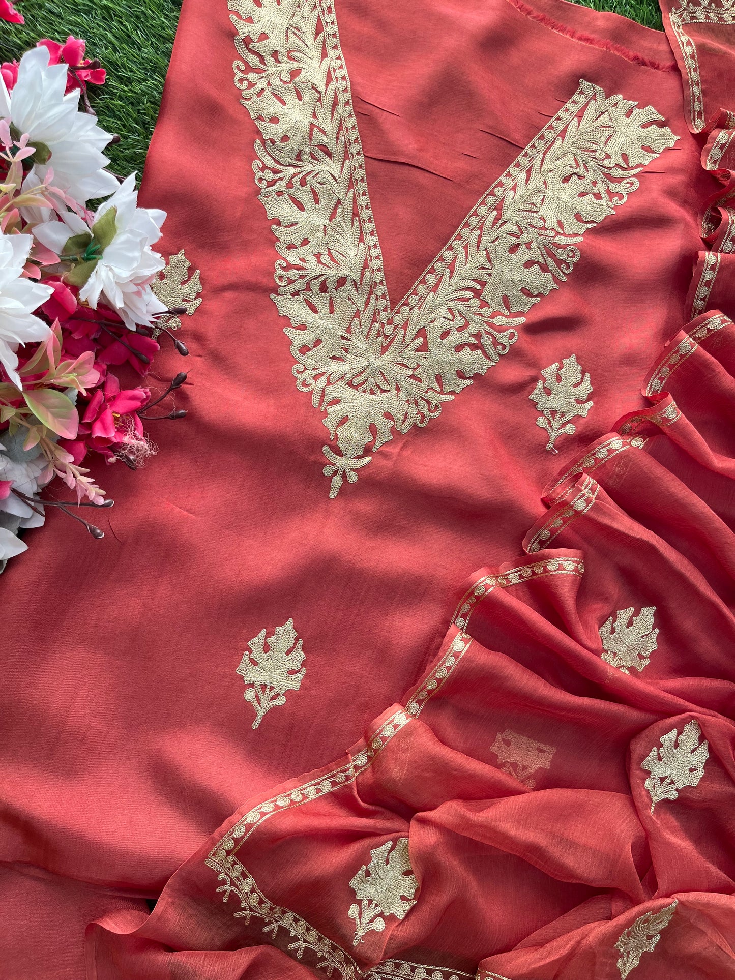 Blush Red Silk Tilla Kashmiri Suit
