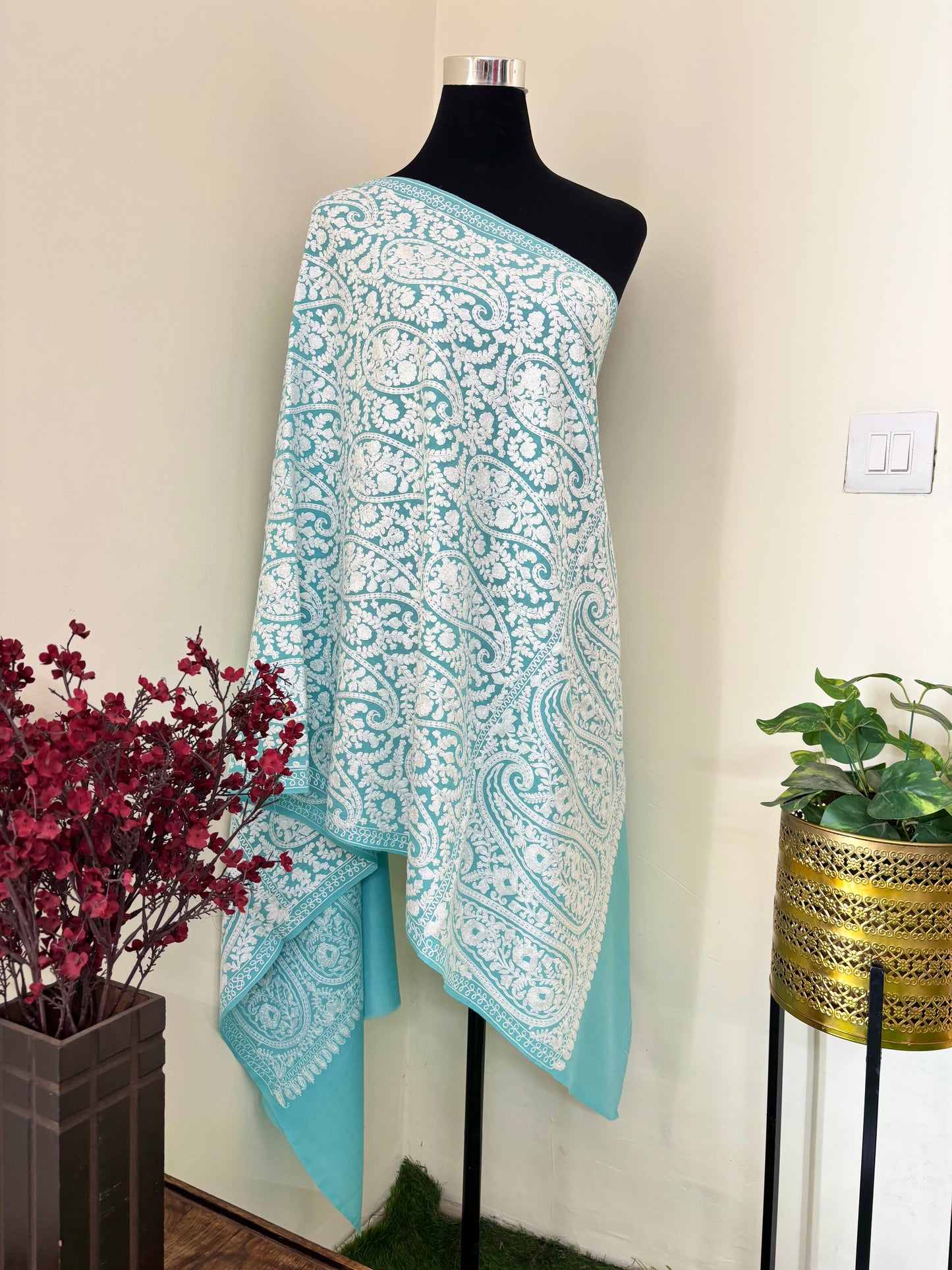 Aqua Blue Kashmiri Stole ( Semi Pashmina )