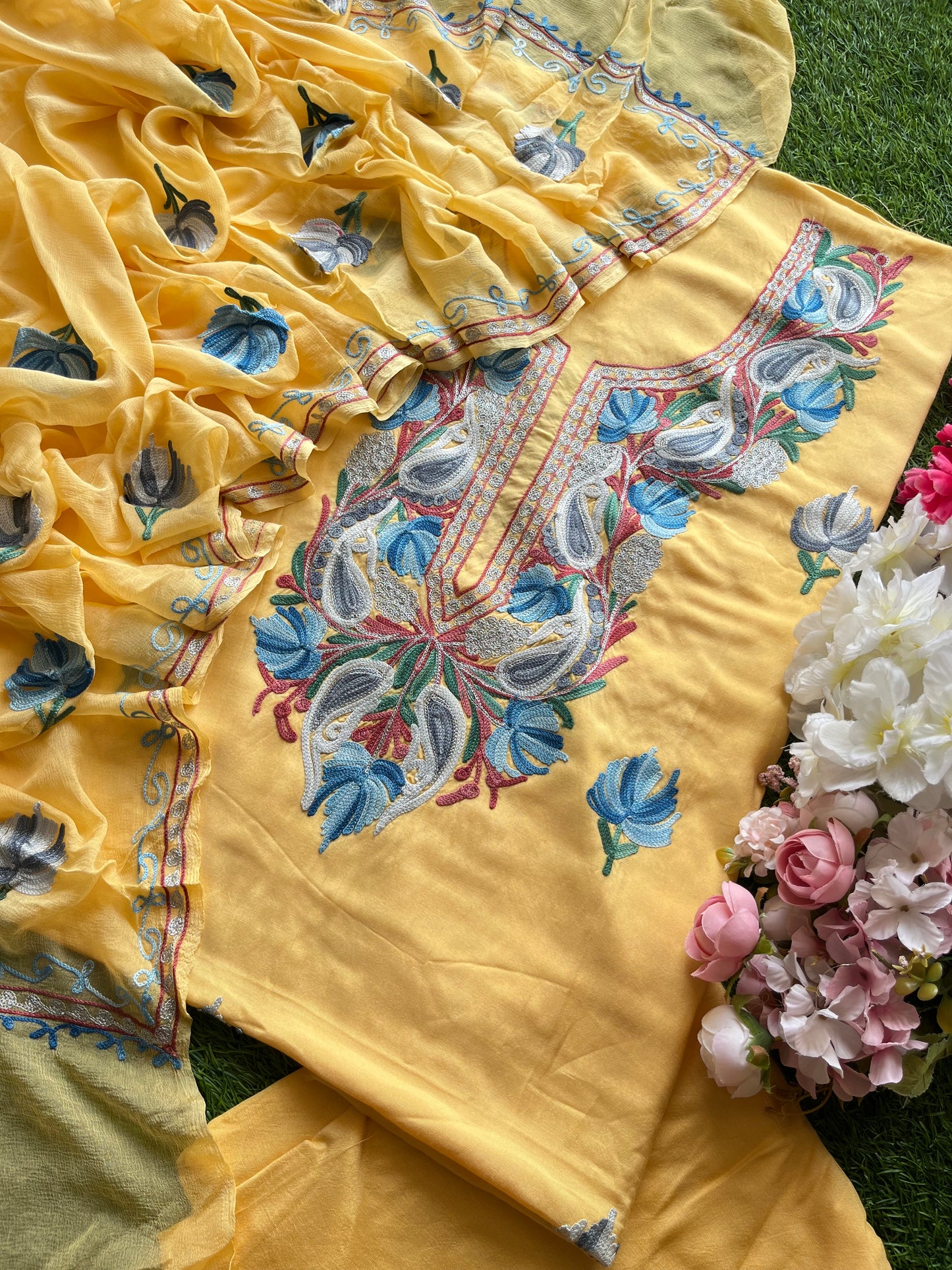 Golden Yellow Muslin Cotton Aari Embroidered 3pc set