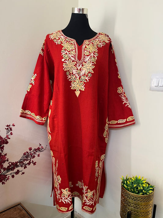 Carrot Red Aari Embroidered Wool Pheran