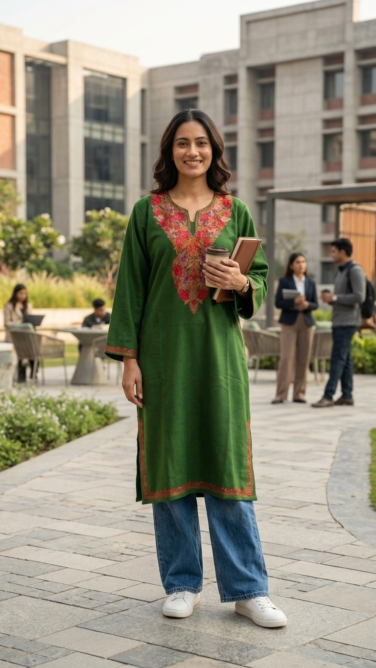 Henna Green Aari Embroidered Wool Pheran