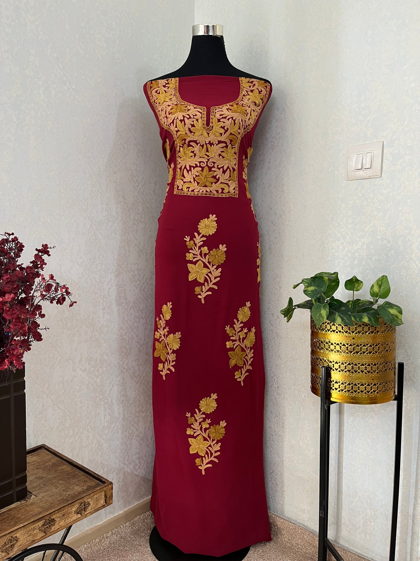 Maroon  Pure Georgette Aari Embroidered Suit