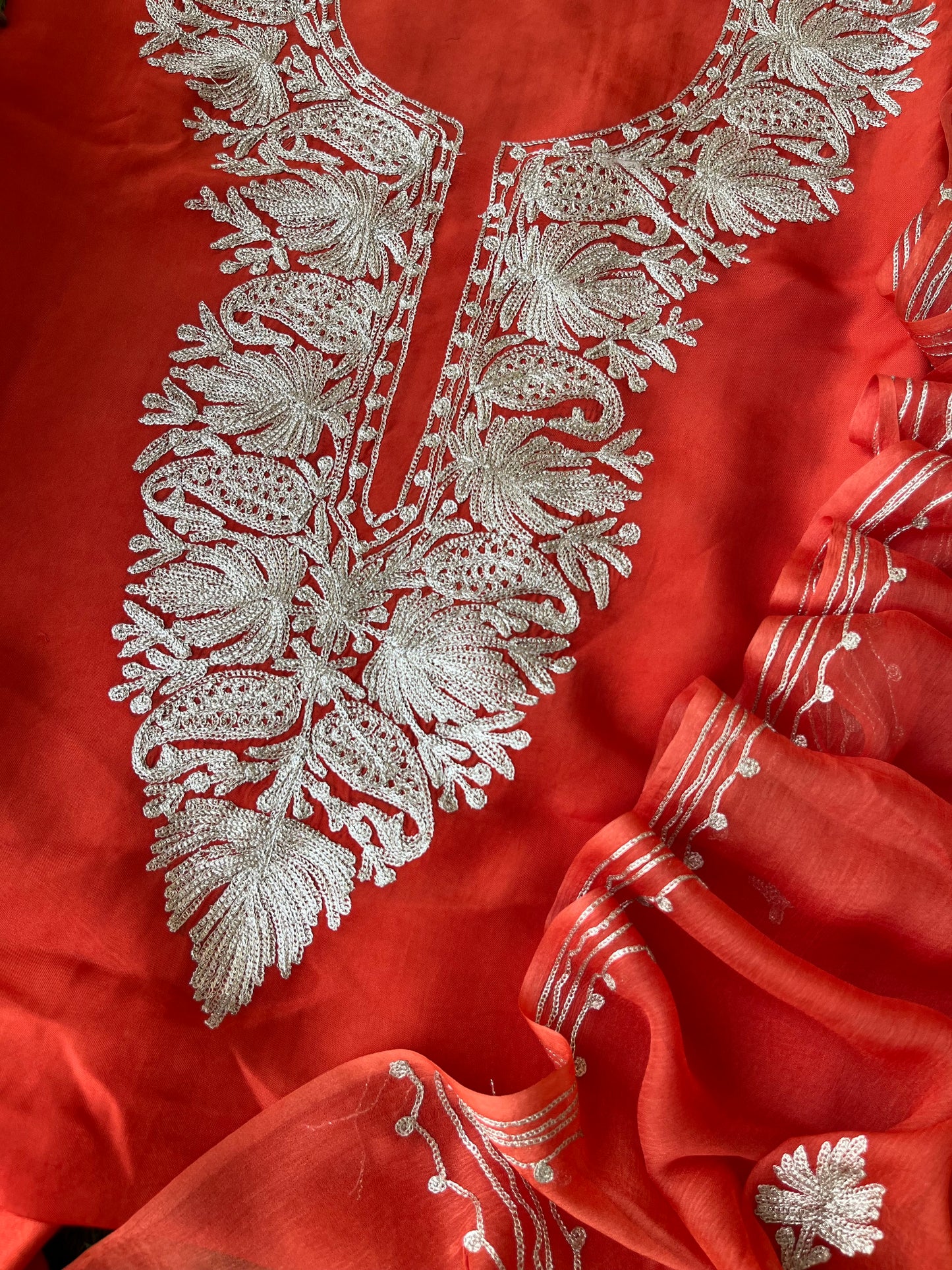 Soft Rust Silk Tilla Kashmiri Suit