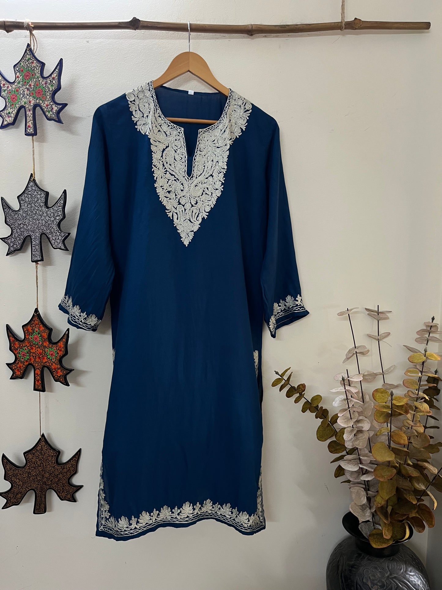 Blue Cotton Tilla Embroidered Stitched Kurta