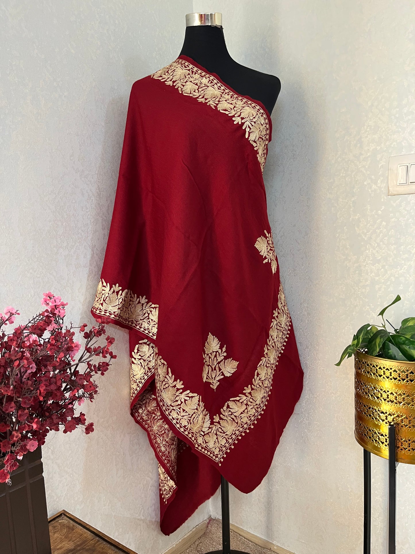 Maroon Semi Pashmina Tilla Embroidered stole