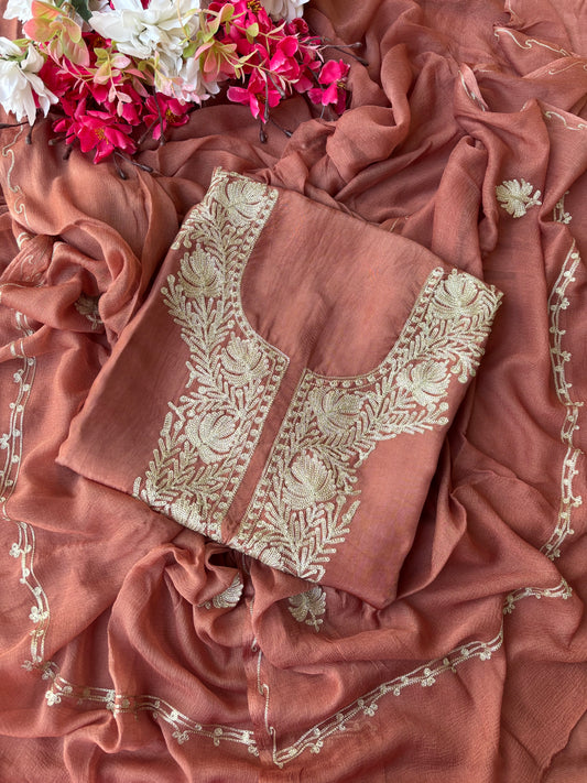 Dull Peach Silk Tilla Kashmiri Suit
