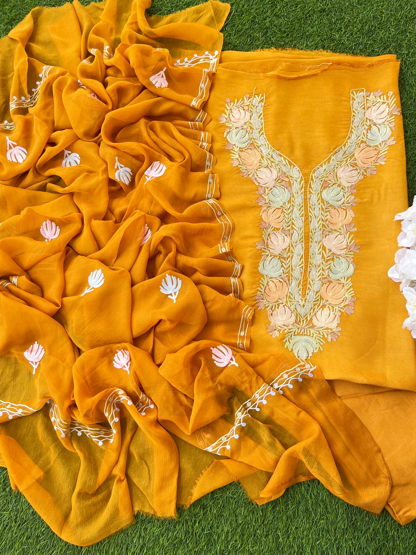 Mustard Opada Silk Aari Embroidered Suit material