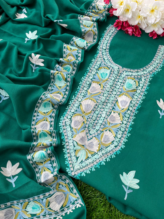 Green Pure Wool Aari Embroidered 3pc Suit Stole