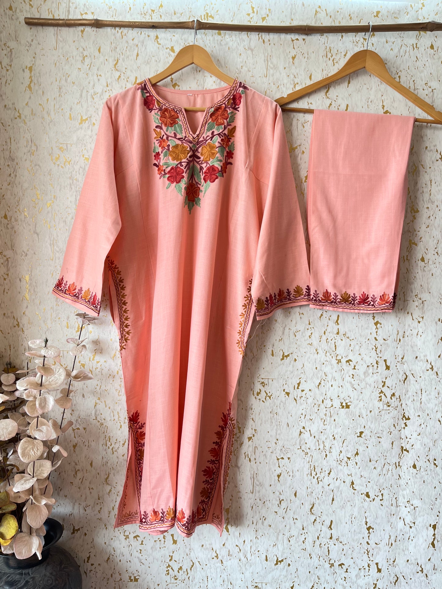 Peach Color Cotton Pheran Set (Free Size)