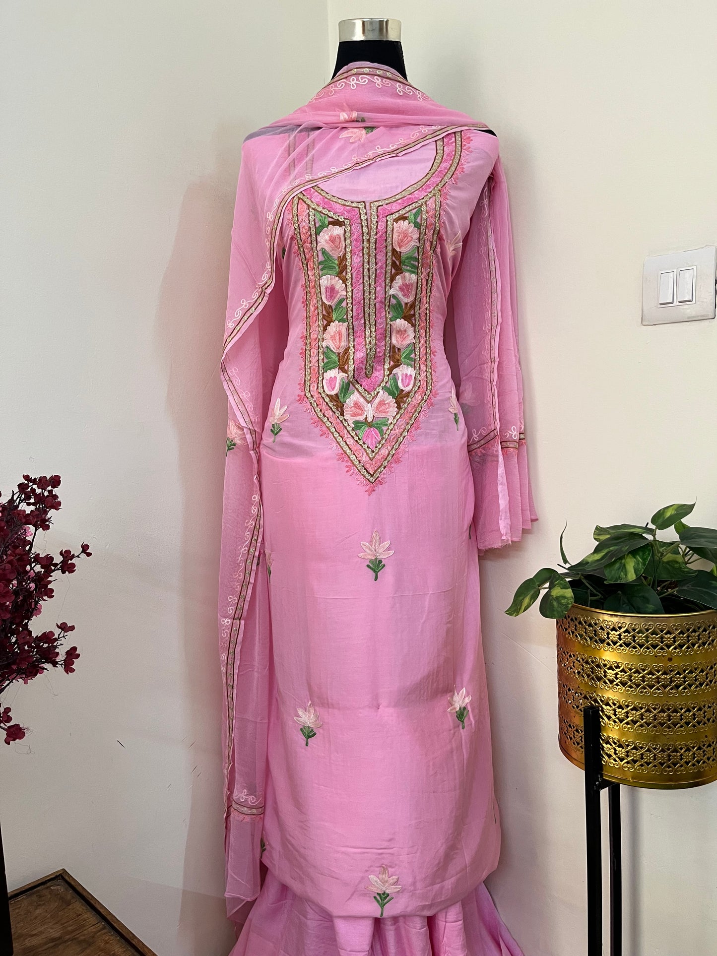 Soft Pink Muslin Cotton Aari Embroidered 3pc set