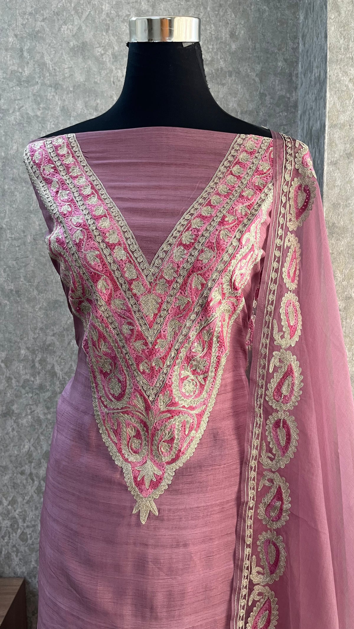 Mauve Russian Silk Kashmiri Suit