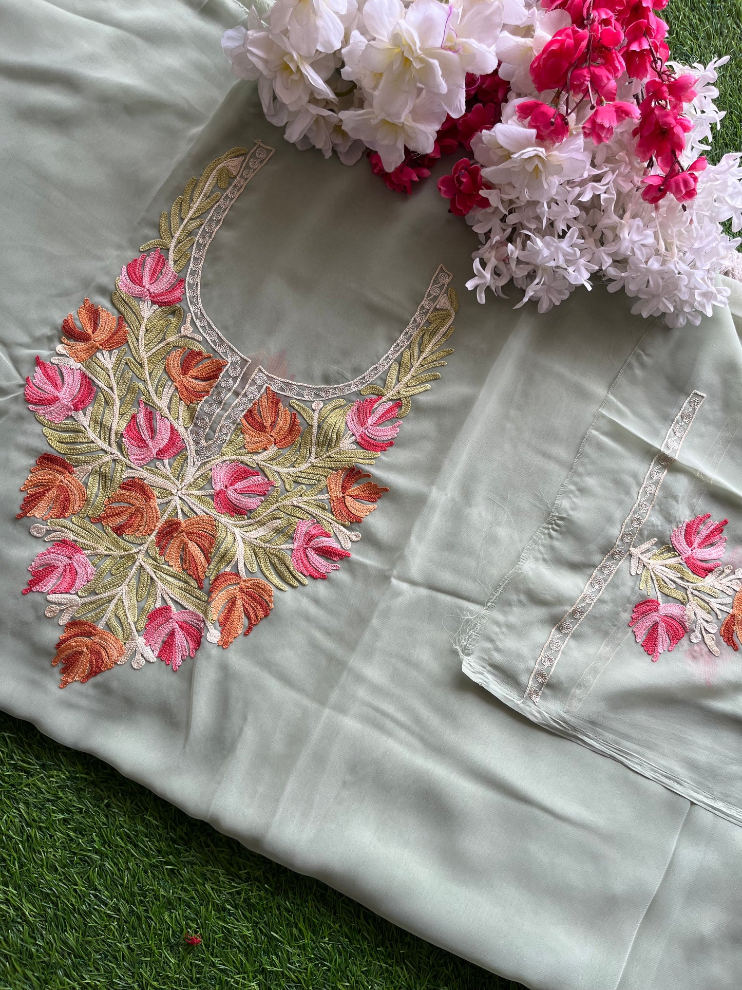 Grey Georgette Aari Embroidered Unstitched Kurta Material