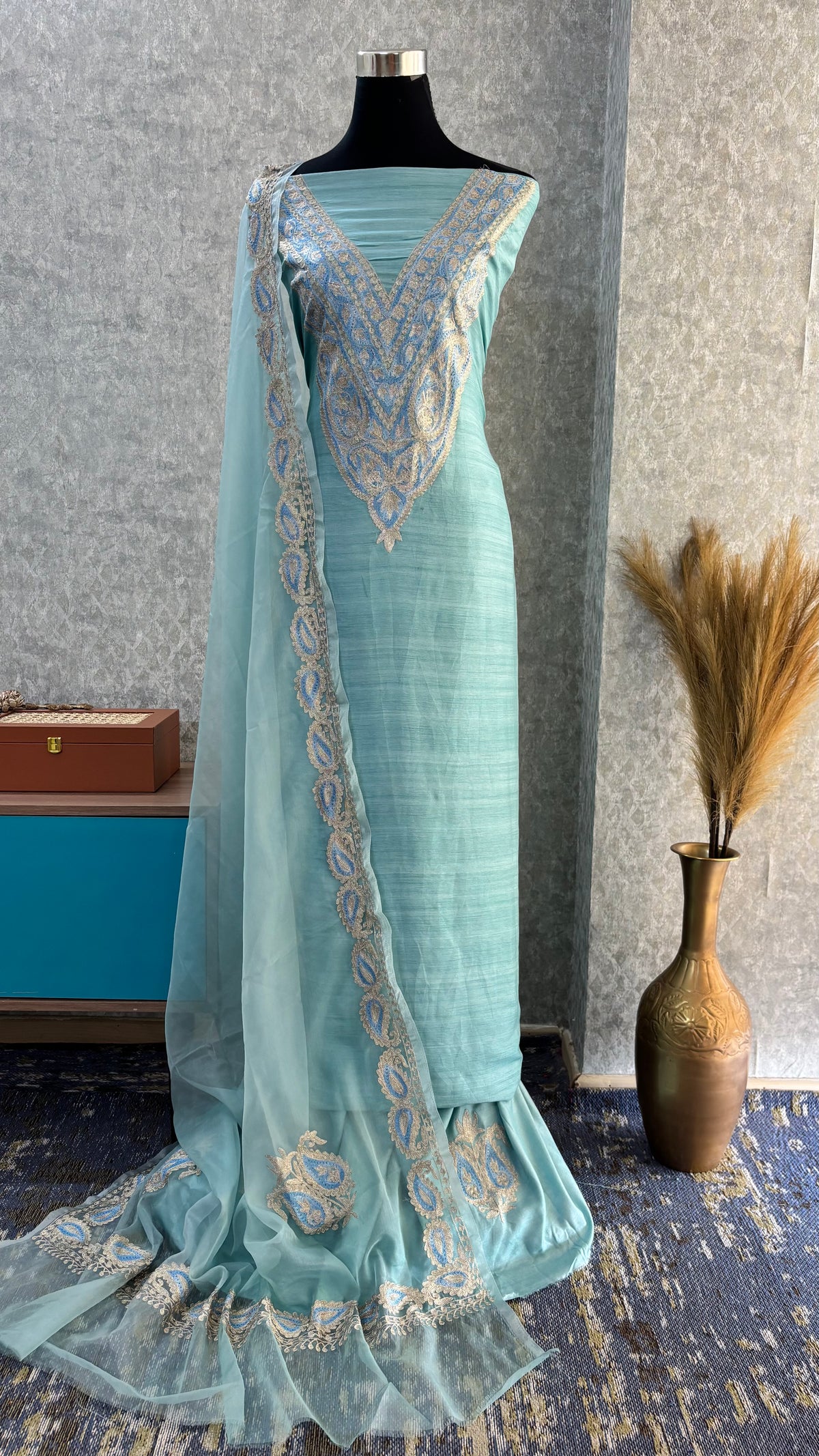 Baby Blue Russian Silk Kashmiri Suit