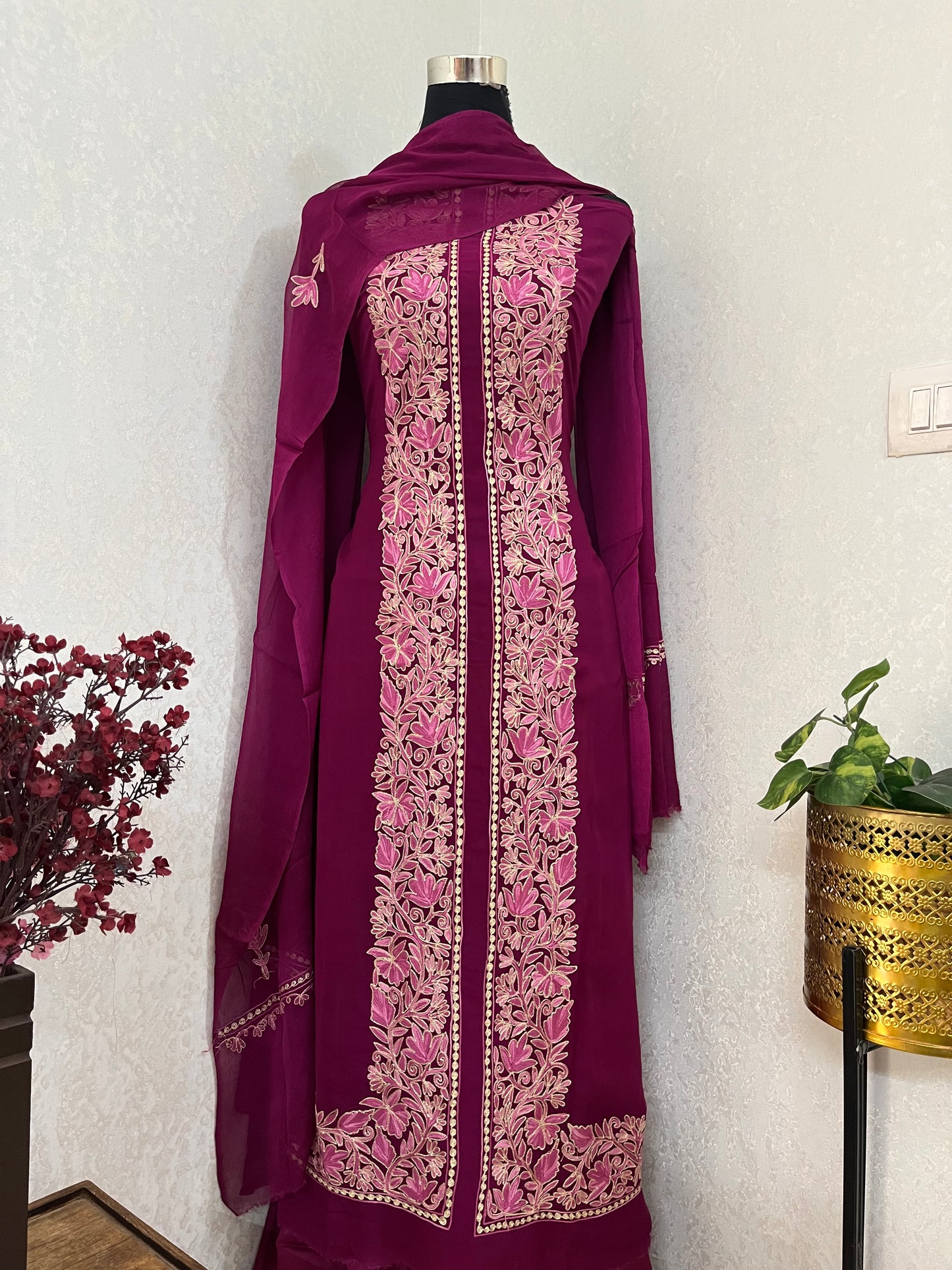 Wine Pure Georgette Achkan Kashmiri Suit