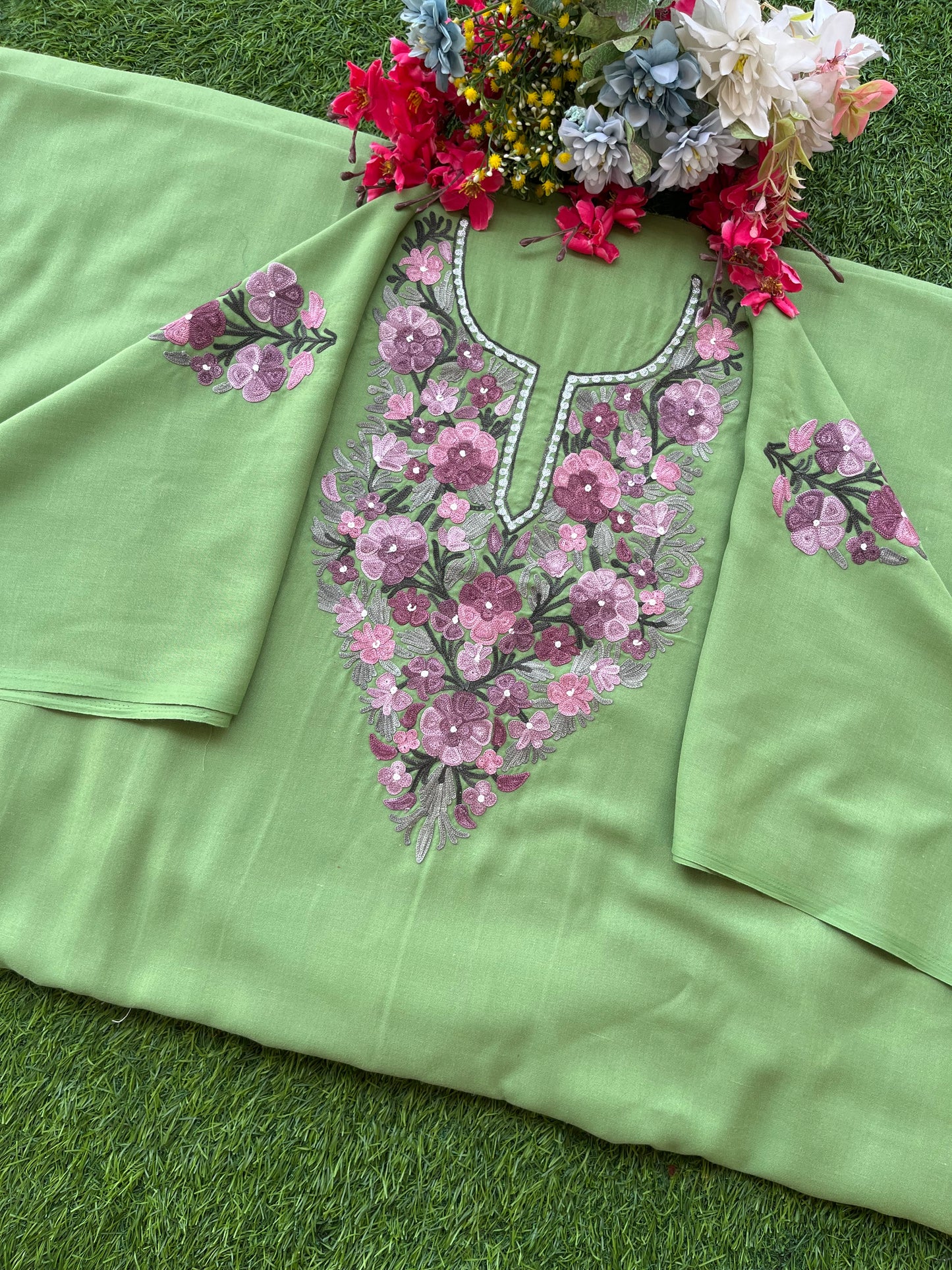 Pastel Green Aari Embroidered Cotton Suit Set