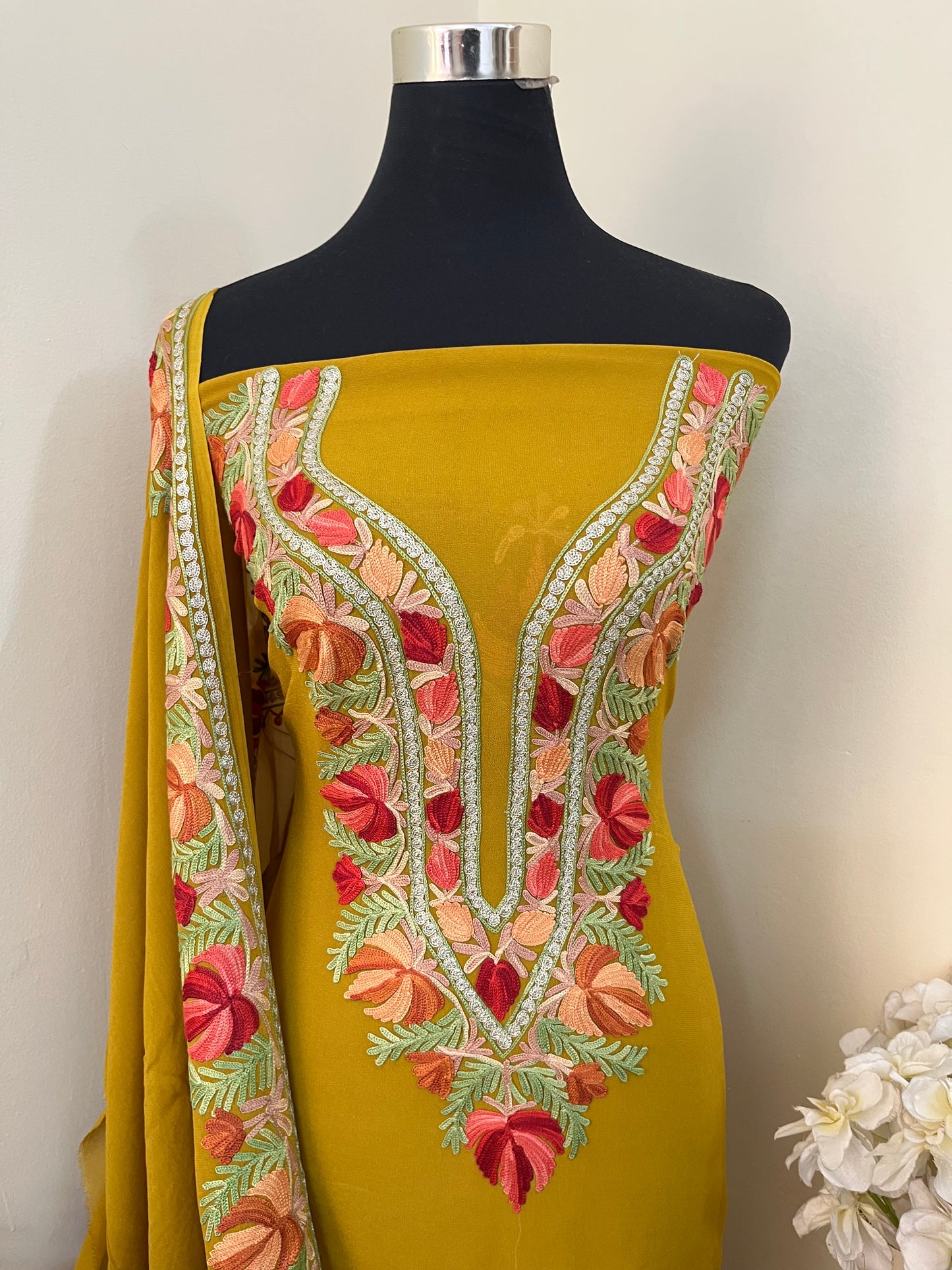 Mustard Yellow Pure Georgette Kashmiri Suit