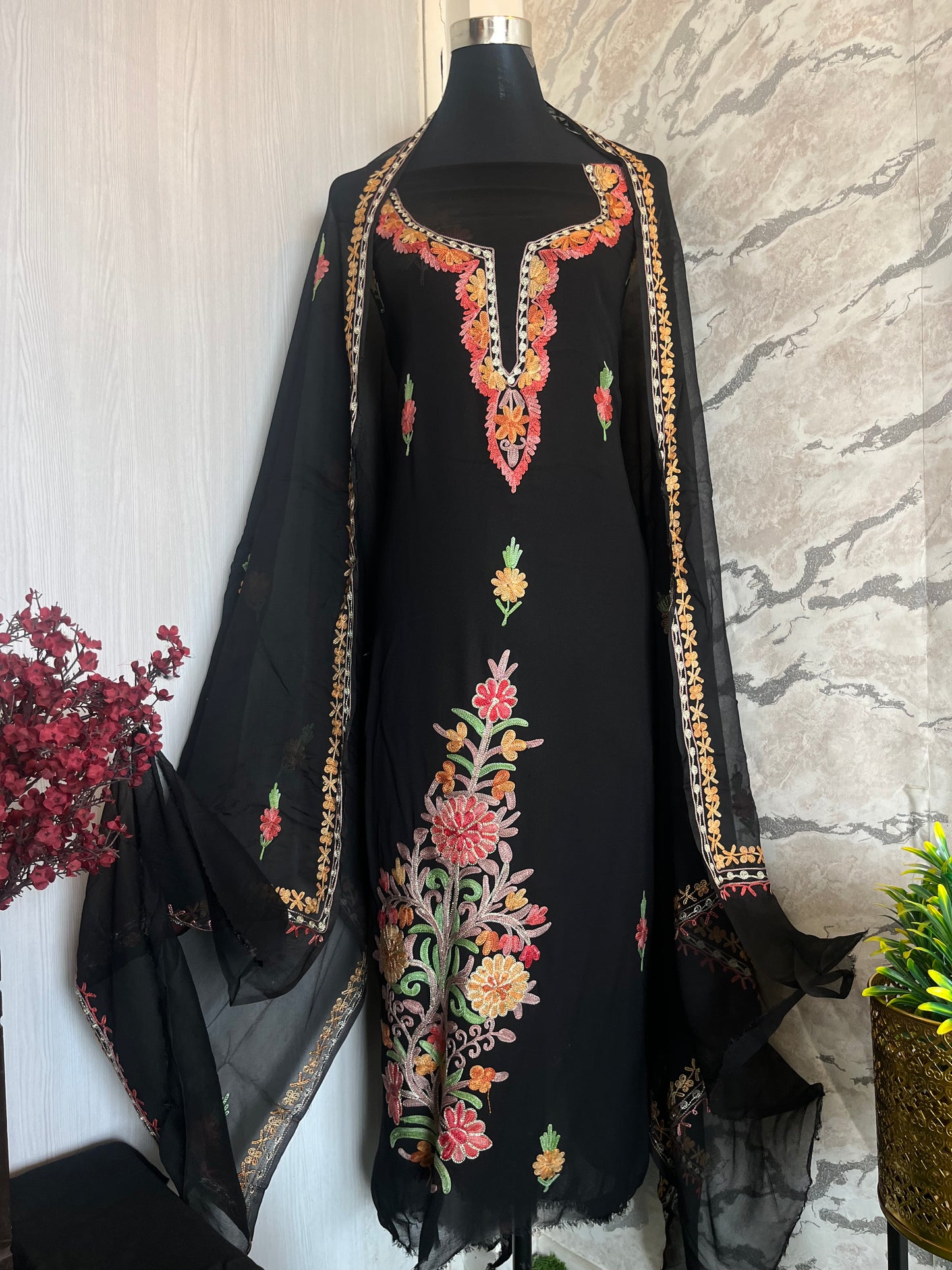 Black Pink Pure Georgette Aari Embroidered Suito