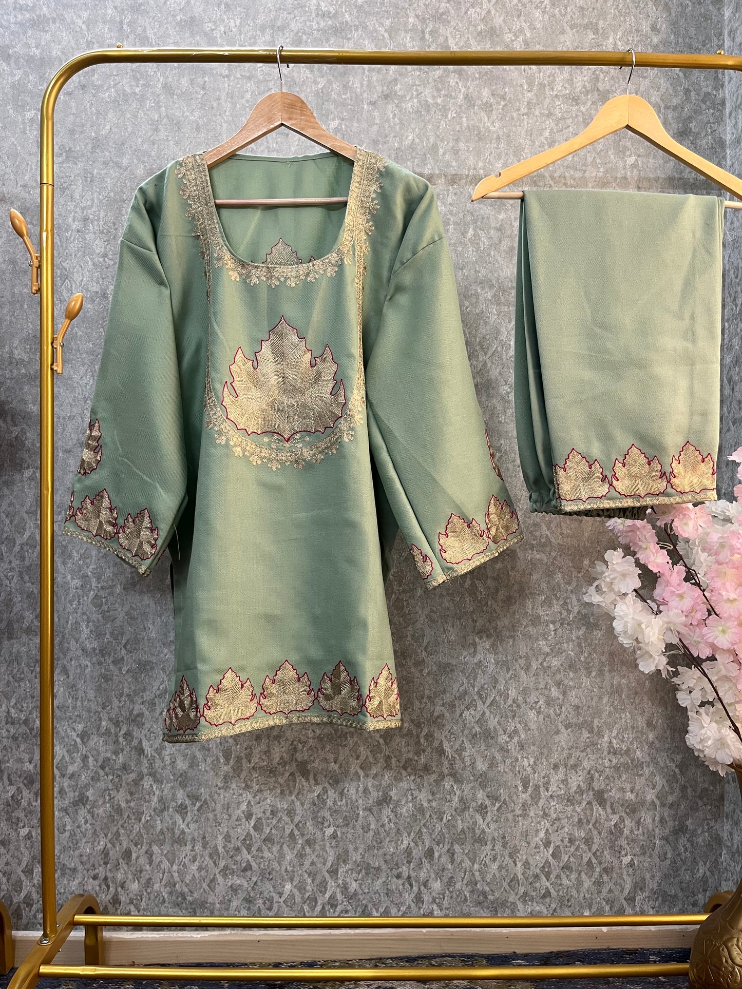 Pastel Green Woollen Kashmiri Co-Ord Set ( Size 44)