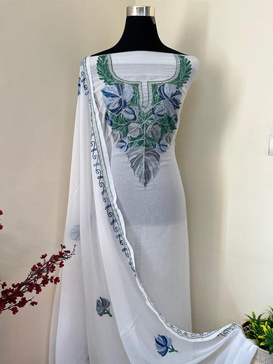 White Georgette Shirt and Dupatta Aari Embroidered Suit