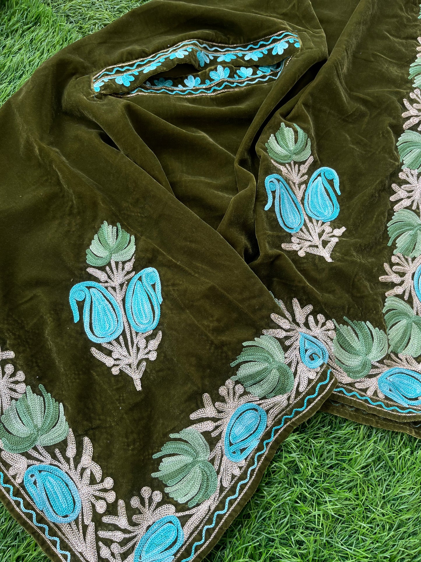 Henna Green Aari Embroidered Velvet Cape