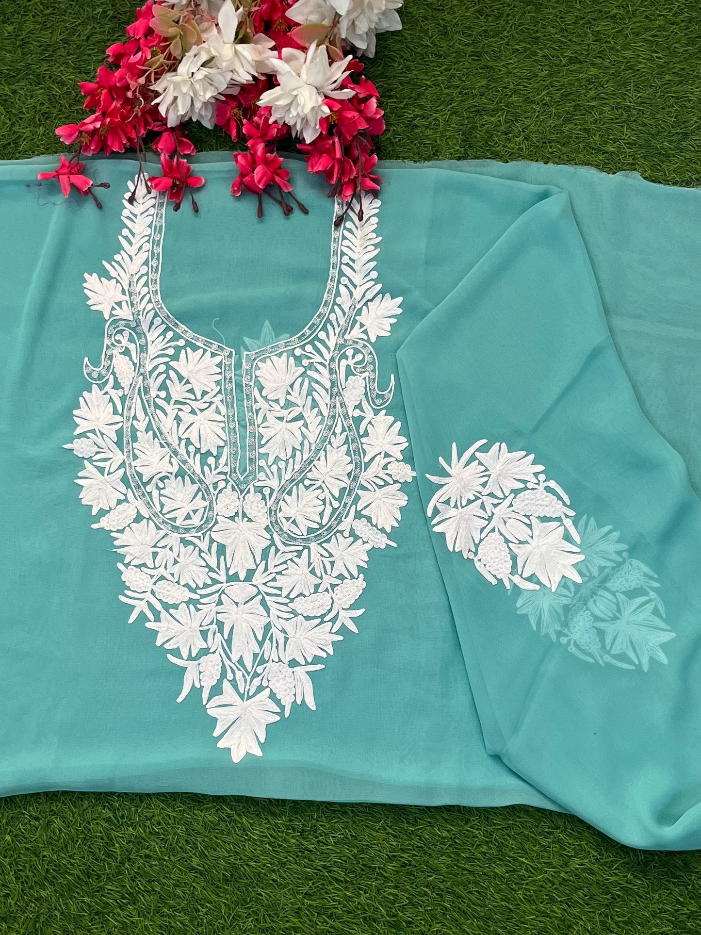 Blue Georgette Kashmiri Kurta Material