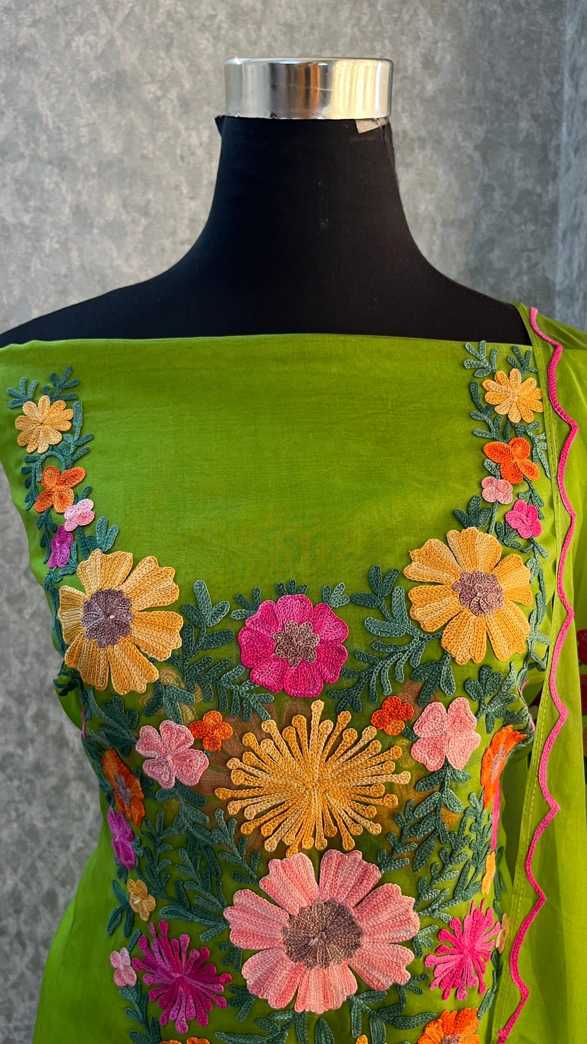 Lime Green Soft Tissue Kashmiri Suit