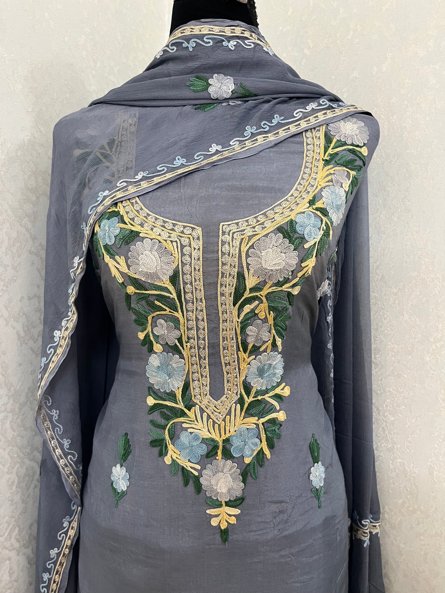 English Grey Muslin Cotton Jaal Sleeves Kashmiri 3pc Suit