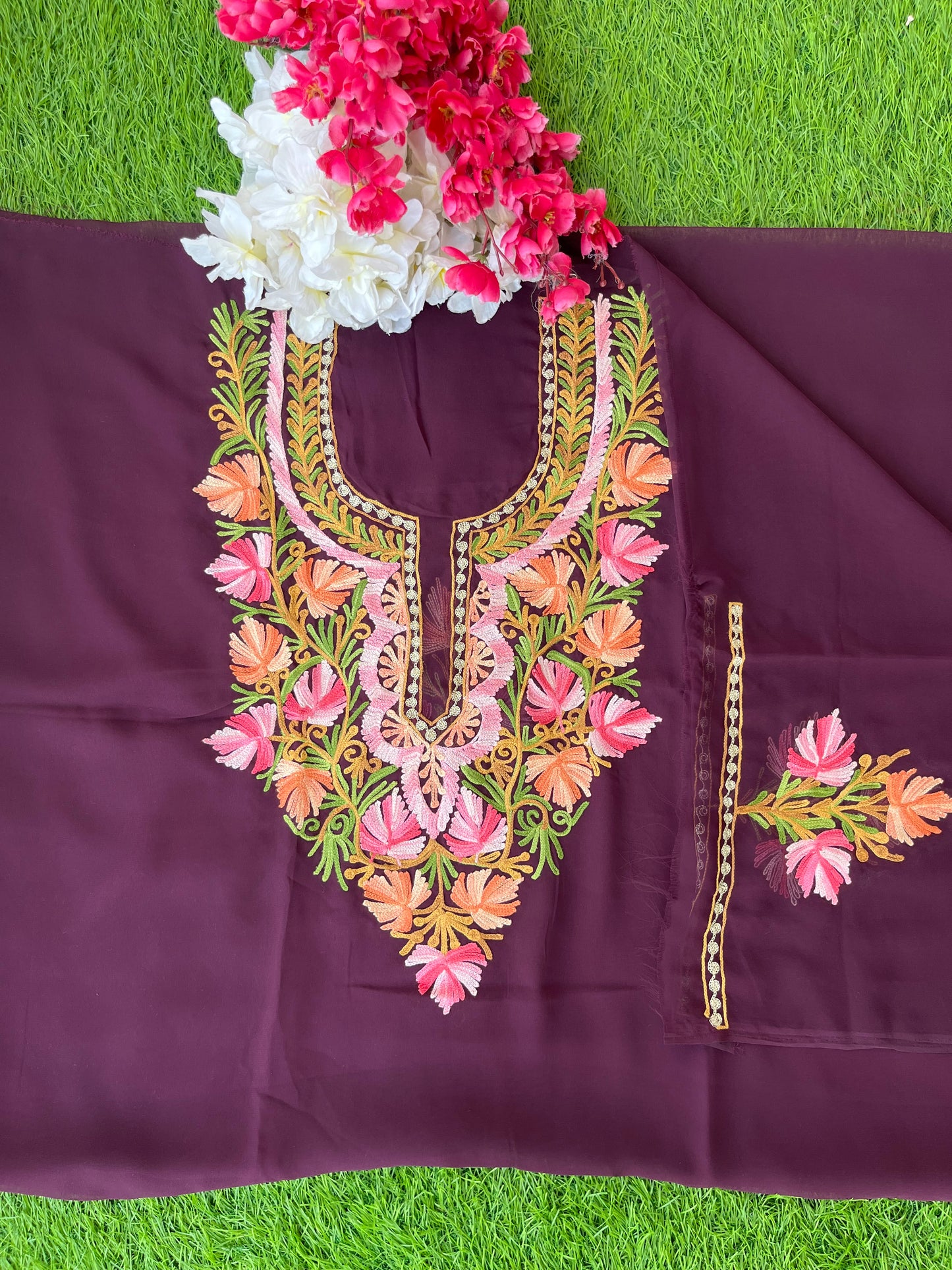 Wine Georgette Aari Embroidered Unstitched Kurta Material