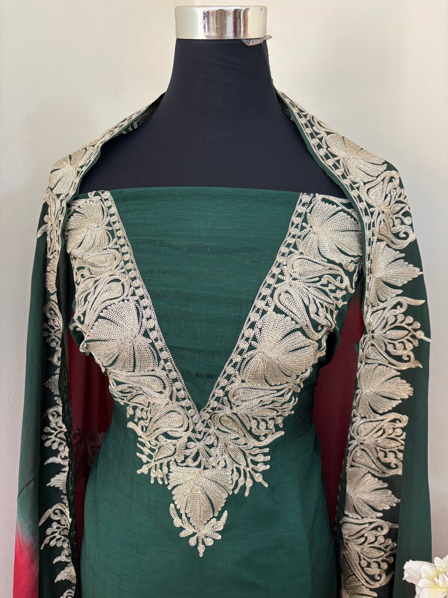 Sanam Bottle Green Silk Kashmiri Suit