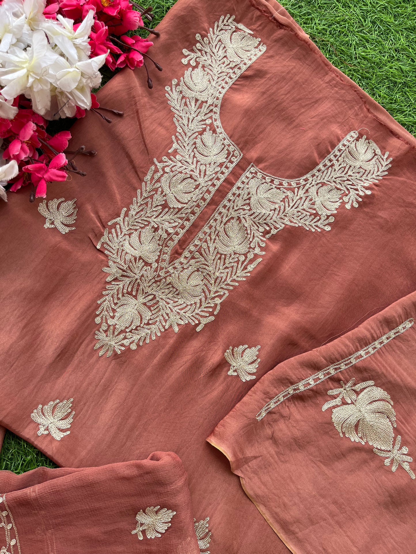 Dull Peach Silk Tilla Kashmiri Suit