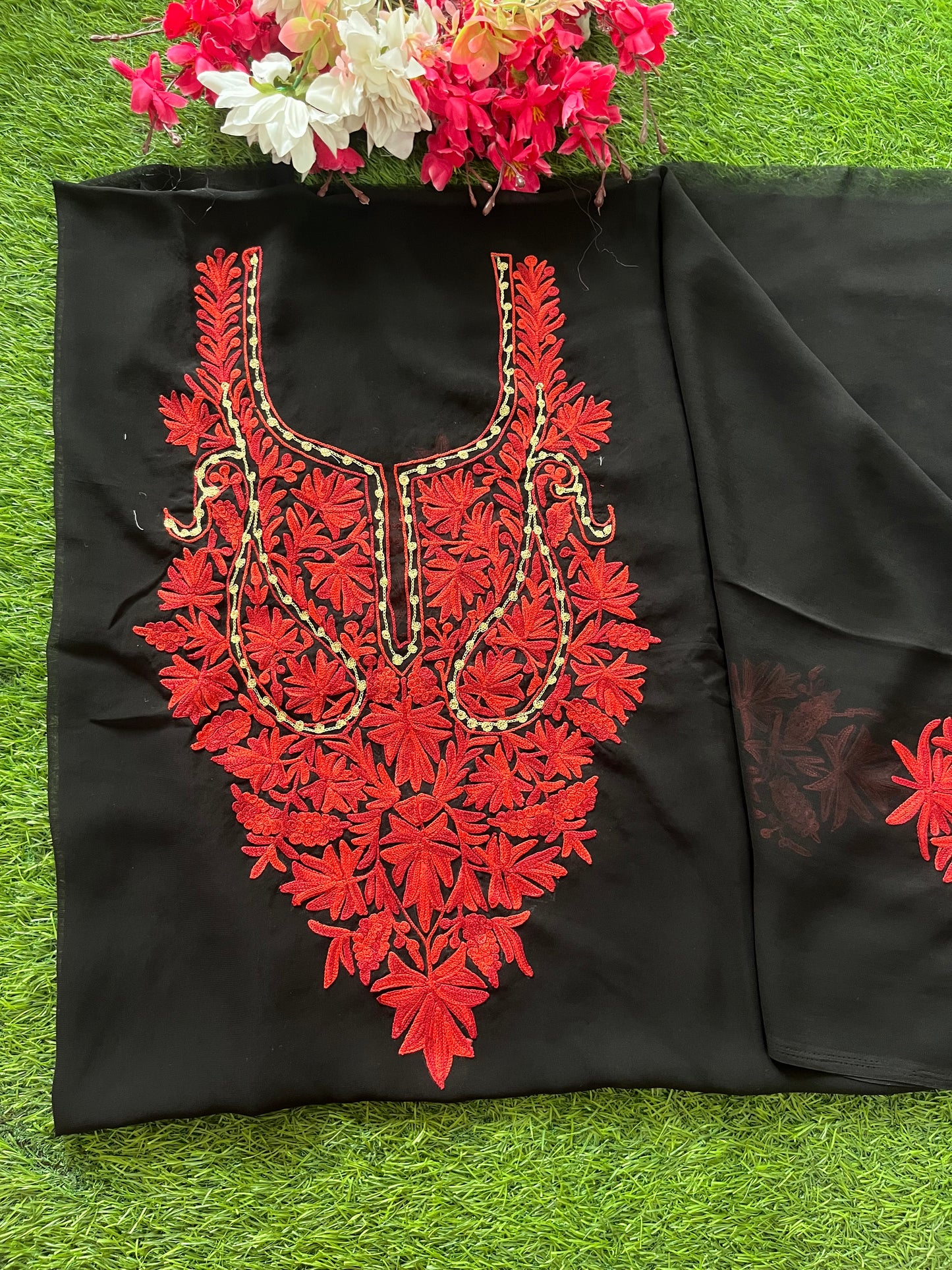 Black Georgette Unstitched Kashmiri Kurta