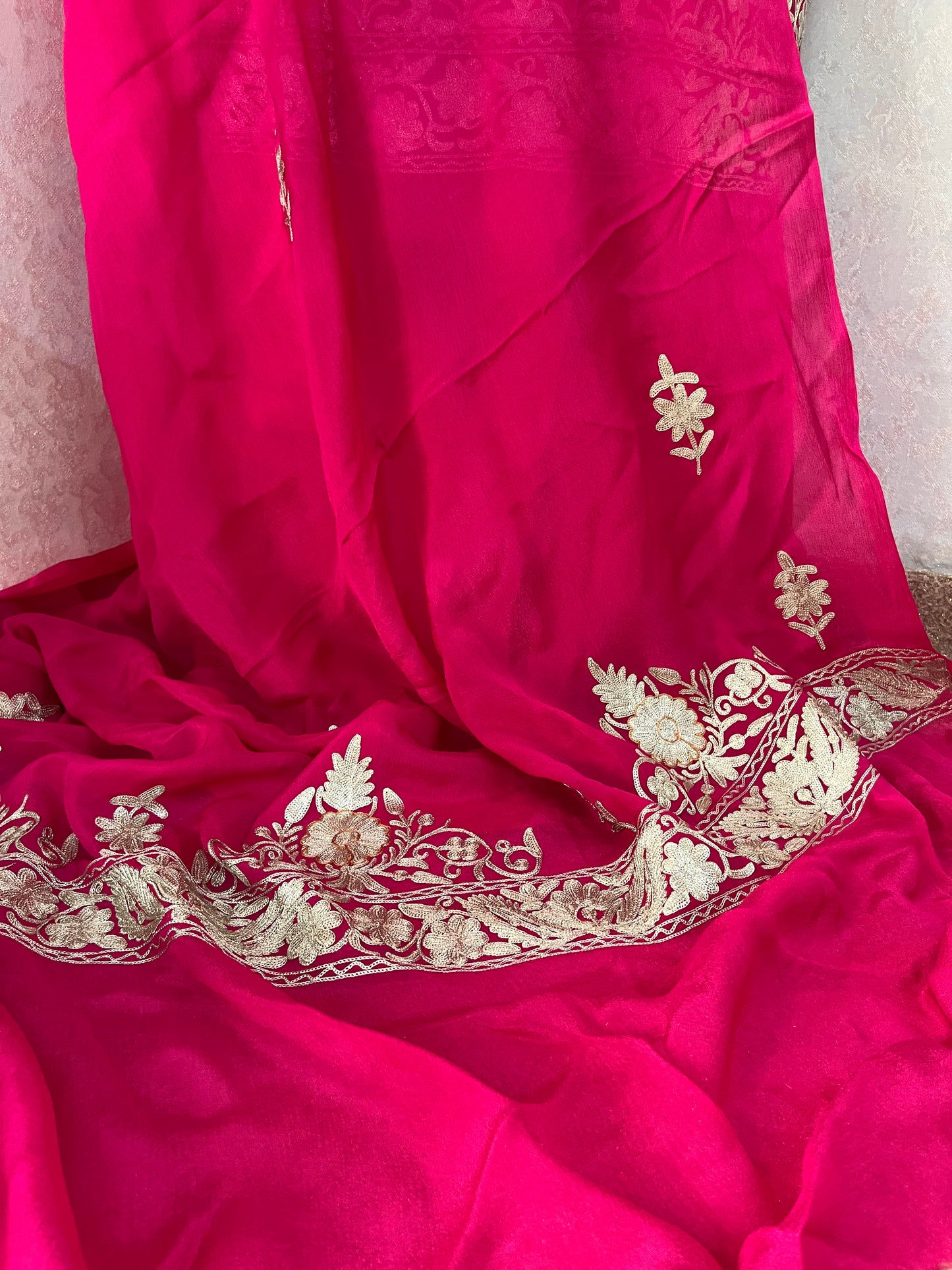 Hot Pink Pure Soft Organza 3 Pc Heavy Kashmiri Suit