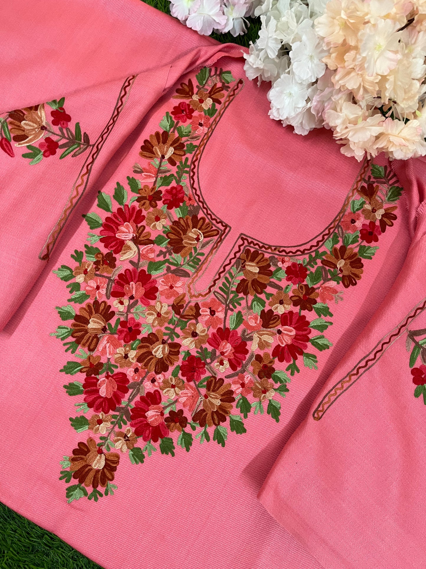 Pink Woollen Aari Embroidered 2pc suit 5mtr