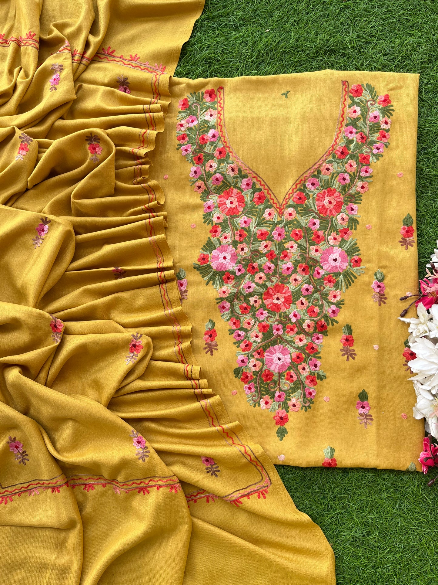 Yellow Woollen Aari Embroidered 3pc suit