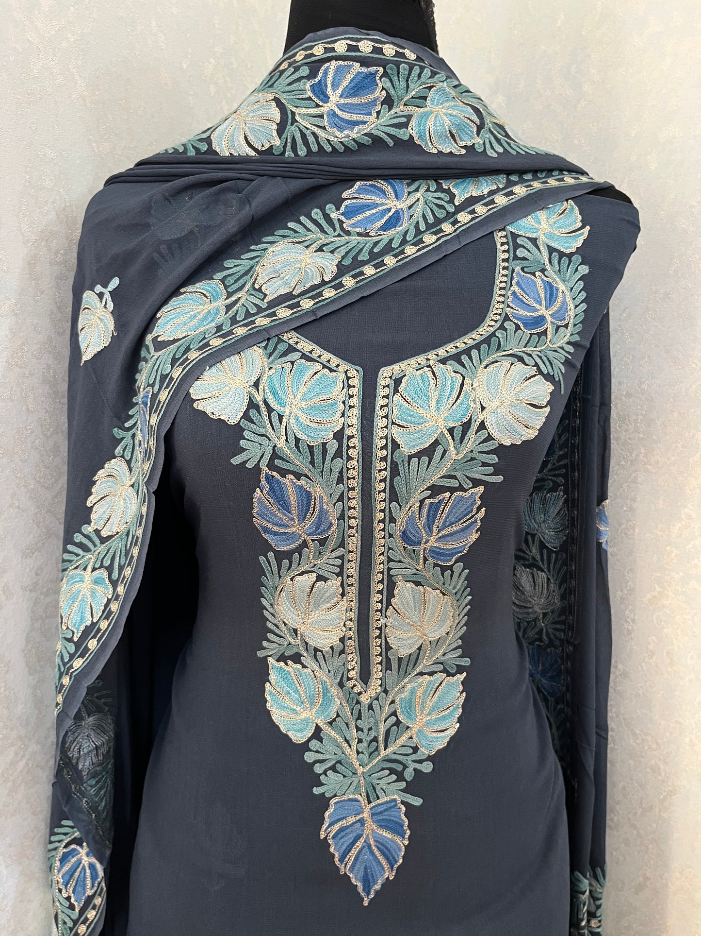 Grey Pure Georgette Kashmiri Suit