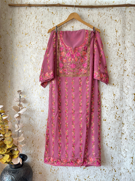 Mauve Georgette All over Work Aari Embroidered Unstitched Kurta Material