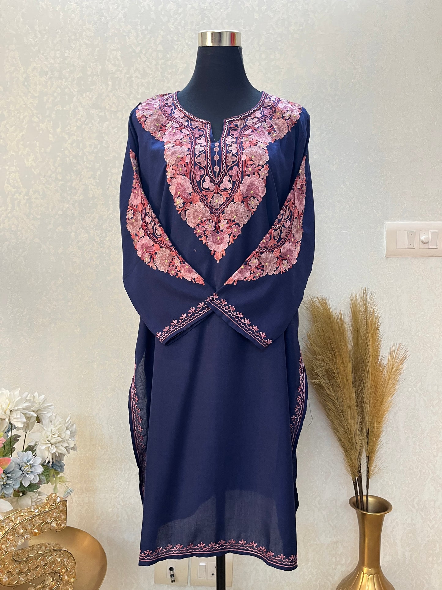 Navy Blue Cotton Aari Work Kurta
